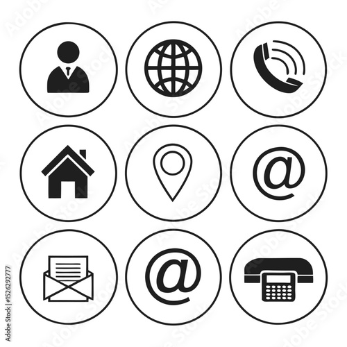 Collection of Contact Information Icons in Black and White Silhouette