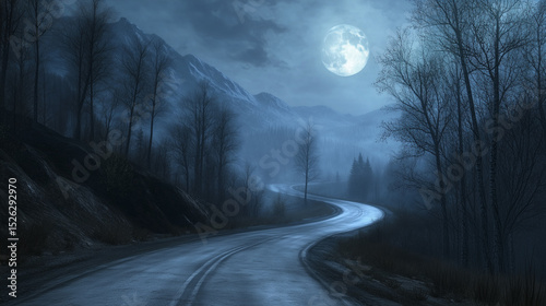 Curvy mountain road in quiet mystery winding through dark forest under full moon against a misty blue night backdrop