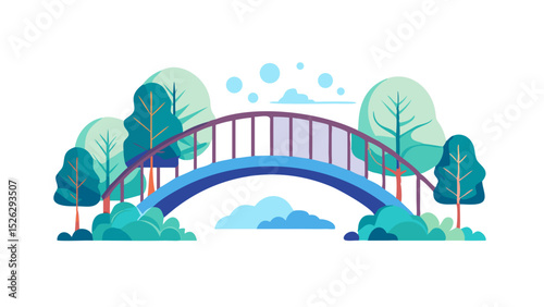 Colorful bridge surrounded by trees in a serene outdoor landscape during daytime