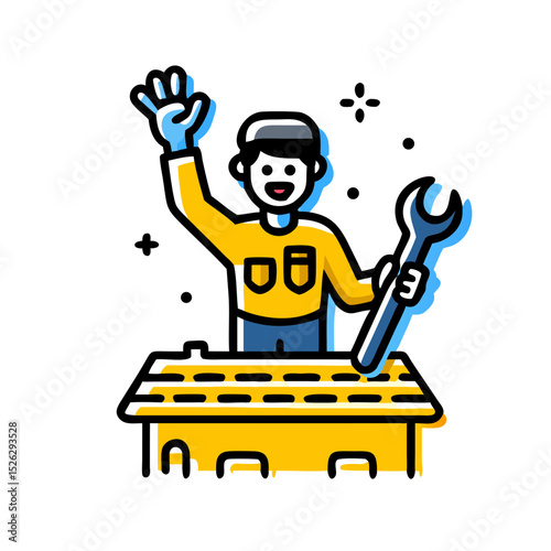 Workshop worker waving while holding wrench and standing behind a workbench during a busy day of repairs