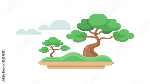 Bonsai trees in a serene garden setting with soft clouds and gentle hills during daylight