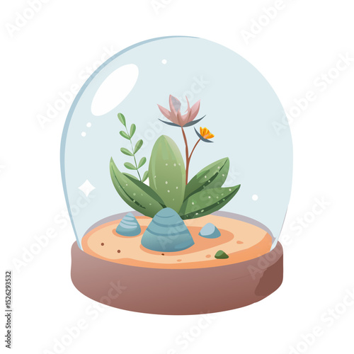 Colorful terrarium with plants and flowers in glass dome resting on sandy base