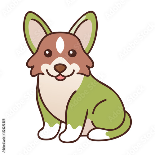 Cute cartoon corgi with green accents sitting happily in a cheerful illustration