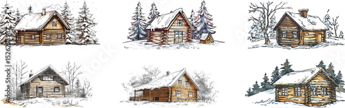 Winter Cabin Vector Illustration, Isolated on White Background.