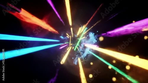 Abstract Colorful Light Beams Radiating in a Dark Background.