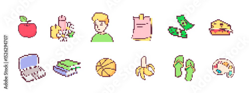 Collection of colorful cartoon icons showcasing pixelated objects, animals, and playful expressions.