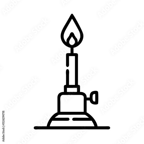 Compact gas torch standing on a flat surface with a visible flame in a well-lit environment