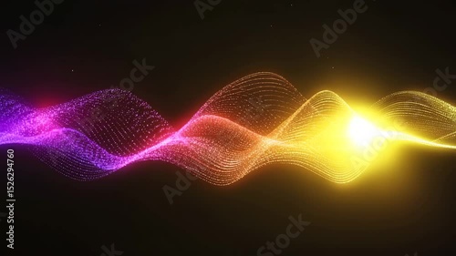 Tricolor audio sound wave purple pink gold particles on black background