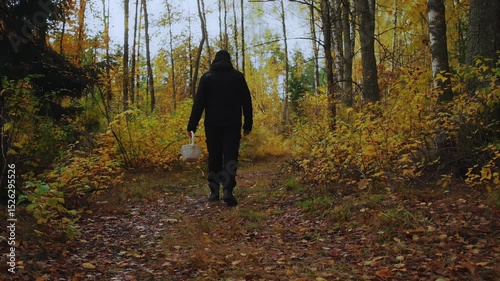Autumnal forest offers tranquil scene for mushroom picker in black clothes solitary search for mushrooms. Seasonal beauty of autumn forest in October makes mushroom foraging delightful experience