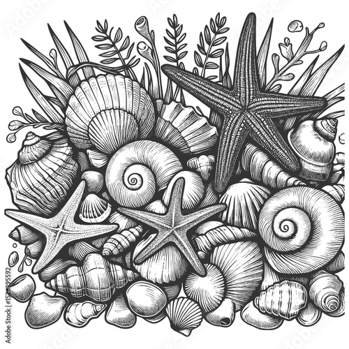 seashells, starfish, and beach elements arranged in a natural coastal composition sketch engraving generative ai vector illustration. Scratch board imitation. Black and white image.