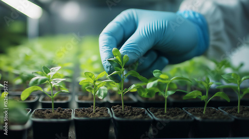 Farmer researching growth of plant in greenhouse.