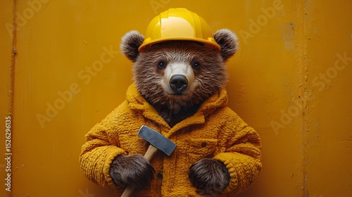 A bear in a construction worker s uniform holding a hammer and wearing a yellow hard hat
