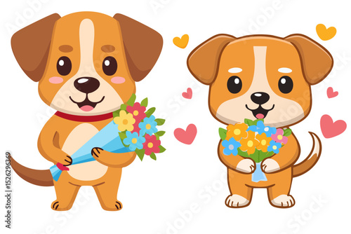 花束を持った犬のキャラクターセット