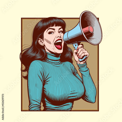 Woman Shouting into a Megaphone Retro Pop Art Announcement