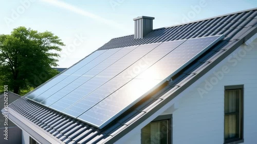 A set of solar panels on top of a house roof placed under the sun for its energy power source, science and technology, electricity innovation