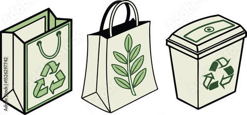 Eco-friendly Shopping Bags and Recycling Bin Design Elements for Sustainable Branding