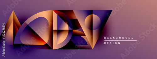 Abstract geometric shapes overlap, creating vibrant color gradients. Design features purple, orange, gold hues. Modern aesthetic.
