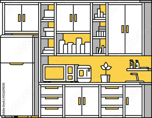 Kitchen with cabinets and appliances, simple line drawing illustration