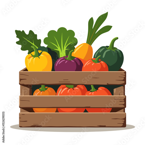 Crate of organic vegetables, pop art illustration, vibrant colors, abundance