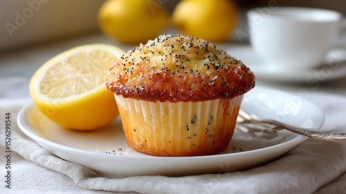 Lemon Poppy Seed Muffin with Fresh Lemon Slice on a Plate