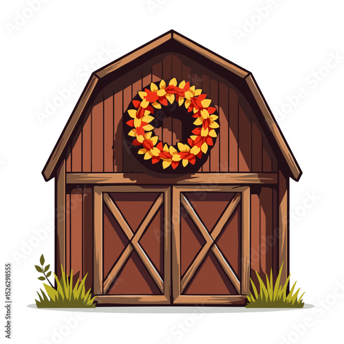 Charming barn door adorned with autumn wreath, evoke gratitude