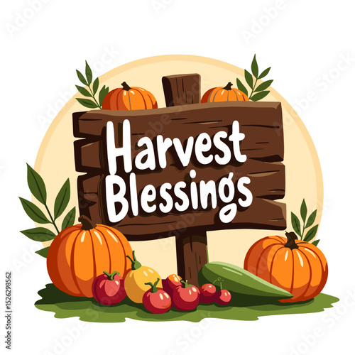 Harvest Blessings sign with pumpkins and vegetables, celebrating abundance