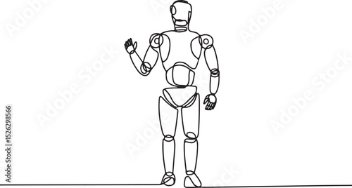 continuous single line drawing of a humanoid robot viewed from behind with mechanical details in a technical industrial style