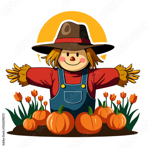Cheerful scarecrow with pumpkins in field, autumn abundance