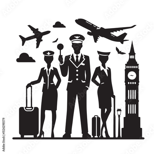 Airline Crew and Aviation Icons - Black and White Silhouette