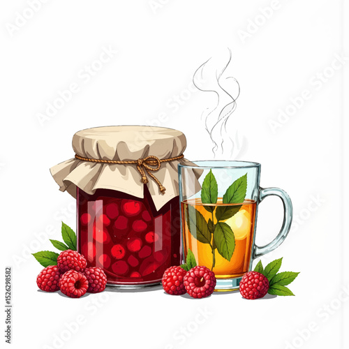 Jar of raspberry jam with cup of tea and fresh raspberries  