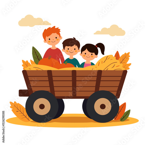 Kids enjoying hayride with autumn leaves, festive celebration