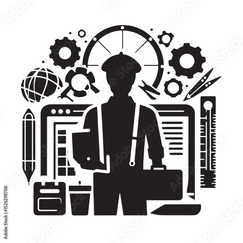 Design Engineer and Manufacturing Icons - Black and White Silhouette