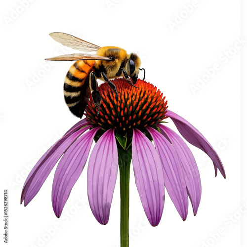 Honeybee collecting nectar from purple coneflower blossom  