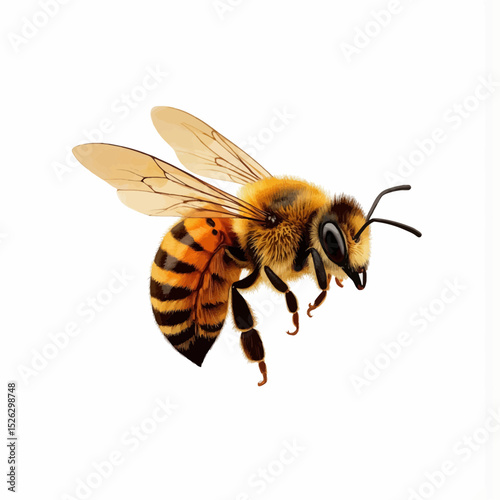 Honeybee flying with wings spread against a white background  