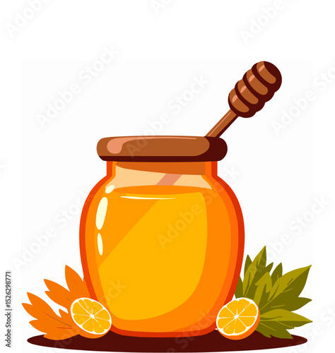 Colorful honey jar with dipper and citrus fruits, autumn abundance