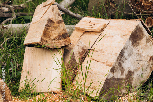 Wooden sculptures resembling small houses crafted from logs, placed on grassy ground surrounded by tree branches and wood shavings, showcasing natural artistry and craftsmanship in outdoor environment