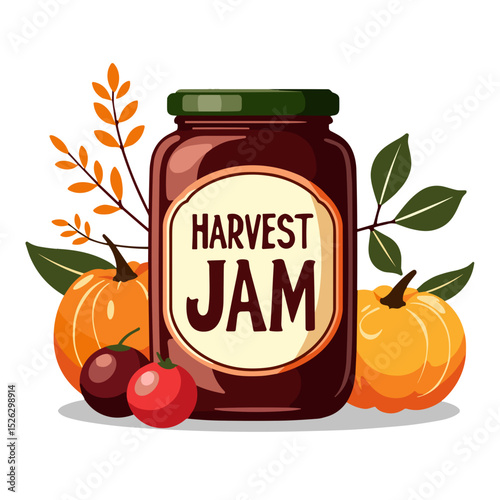 Harvest jam jar surrounded by autumn leaves and pumpkins, rural abundance