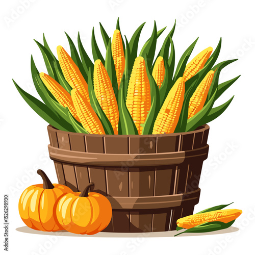 Vibrant bushel of corn and pumpkins in rustic basket, harvest abundance