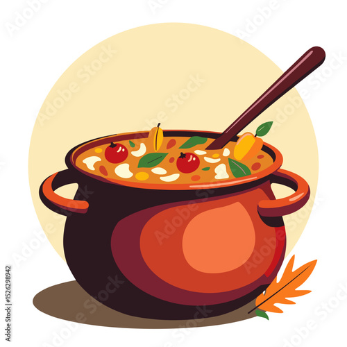 Delicious harvest soup in classic pot, burst of autumn flavors