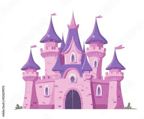 simple flat illustration of a pink and purple Castle with whimsical turrets and fairytale charm, minimalist design, white background