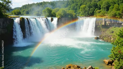 Stunning waterfall with rainbow in lush green landscape  