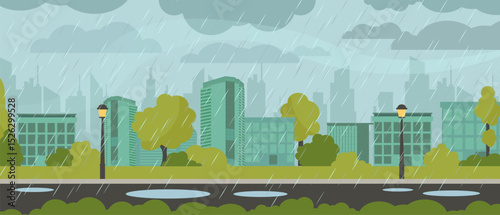 City buildings silhouetted in rain create a modern and colorful urban panorama with green highlights.