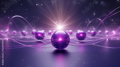 Purple spheres with glowing centers and light trails on a reflective surface under a bright light source