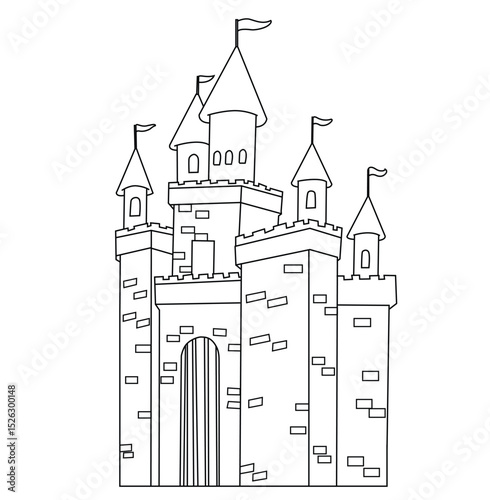 Cute cartoon hand drawn vector fairy tale castle outline.