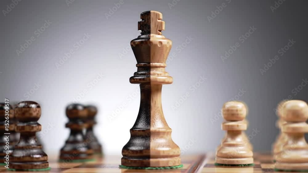 Two Toned Chess King Surrounded By Pawns on Wooden Chessboard with Strategy Game In Dark Gradient Background Two Toned Chess King Surrounded By Pawns on Wooden Chessboard with Strategy Game In Dark Gradient Background