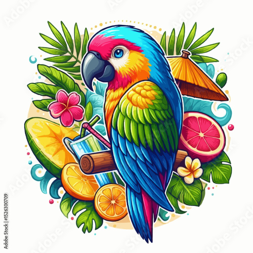 Vibrant tropical parrot on a jungle branch, an exotic bird illustration with colorful feathers and a distinctive beak