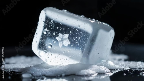 Ice cube melting with droplets on dark background representing video  