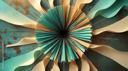 Abstract art featuring a central dark hole surrounded by teal and beige textured shapes radiating outwards