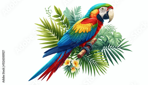 A vibrant blue and yellow macaw, a stunning tropical bird with colorful feathers and a distinctive beak, perches on a branch in its natural jungle habitat