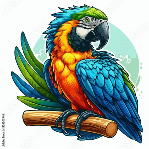 Vibrant blue and yellow macaw, an exotic tropical bird, perches on a branch showcasing its colorful feathers and golden beak in nature
